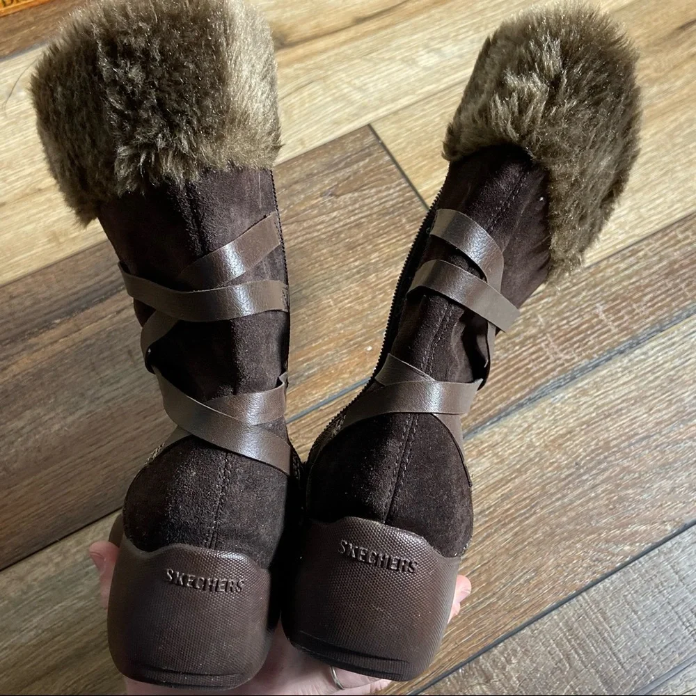 Skechers Mid Calf Faux Fur and Leather Zip Brown Boots Size 7.5